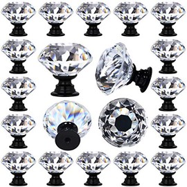 DeElf 12 PCS Clear Crystal Glass Drawer Cabinet Pulls Knobs Diamond Shape Decorative for Kitchen, Dresser, 30mm (1-1/4“), Black Color Base