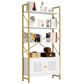 YITAHOME Bookshelf and Bookcase with Storage Cabinet, Standing 5 Tiers Book Shelves Display Rack with Doors for Bedroom Living Room Office,White&Gold