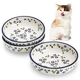 Ceramic Cat Bowls, 5.19 in Cat Food Bowl Cottagecore Cat Dishes for Food and Water, 3 Pack Shallow Pet Bowls for Indoor Cats, Floral Blue