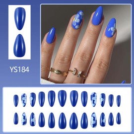 Medium Almond Press On Nails Blue Fake Nails Flower False Nails with Design Floral Full Cover Artificial Acrylic Glossy Glue On Nail Spring Stick On Nail For Women Manicure 24pcs