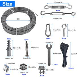 30 m Wire Rope Stainless Steel, 172 Pieces Φ2 mm PVC Coated Steel Cable Kit, Rope Tensioner Stainless Steel Rope Clamps, Trellis Steel Cable Curtain with Eyelets, M4 Turnbuckle and Cable Ties, for