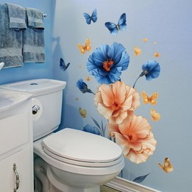 Blue Flower Wall Decals Peel and Stick Gold Peony Floral Wall Sticker Decor for Girls Bedroom Living Room Bathroom Nursery Removable