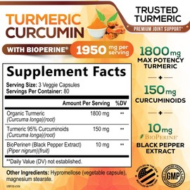 Turmeric Curcumin Supplement 1950mg - 95% Curcuminoids with BioPerine Black Pepper Extract & Organic Turmeric for Best Absorption, Nature's Vegan Joint Support, Non-GMO, Bottled in USA - 240 Capsules