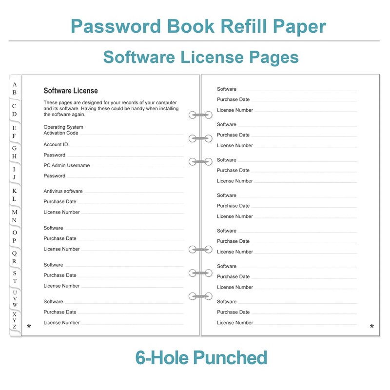 Password Book Refills for A5 Binder - A-Z Password Notebook