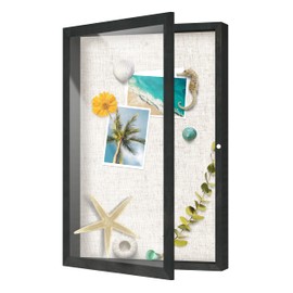 FrameWorks 12x18 Deep Shadow Box Frame, Wooden Display Case w. Linen Board & Tempered Glass Door - Black Woodgrain - Large - Wall Mounted