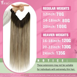 YoungSee Invisible Wire Hair Extensions Human Hair Brown Ombre Fish Line Hair Extensions Dark Brown Ombre Light Brown with Blonde Wire Real Human Hair Extensions for Women 14Inch 80G