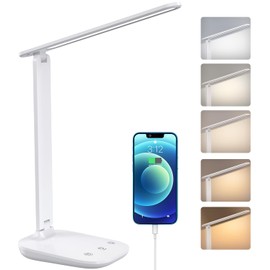 Desk Lamp, LED Dimmable Table Lamp, 5 Colours, 15%-100% Continuous Dimming, Eye-Friendly Bedside Lamp with USB Charging, Touch Control & Memory Function, for Children, Bedrooms, Offices