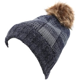 Sakkas 16150 - Baya Long Tall Checker Pattern Fold Over Faux Fur Pom Pom Unisex Beanie Hat - Navy/Grey - OS