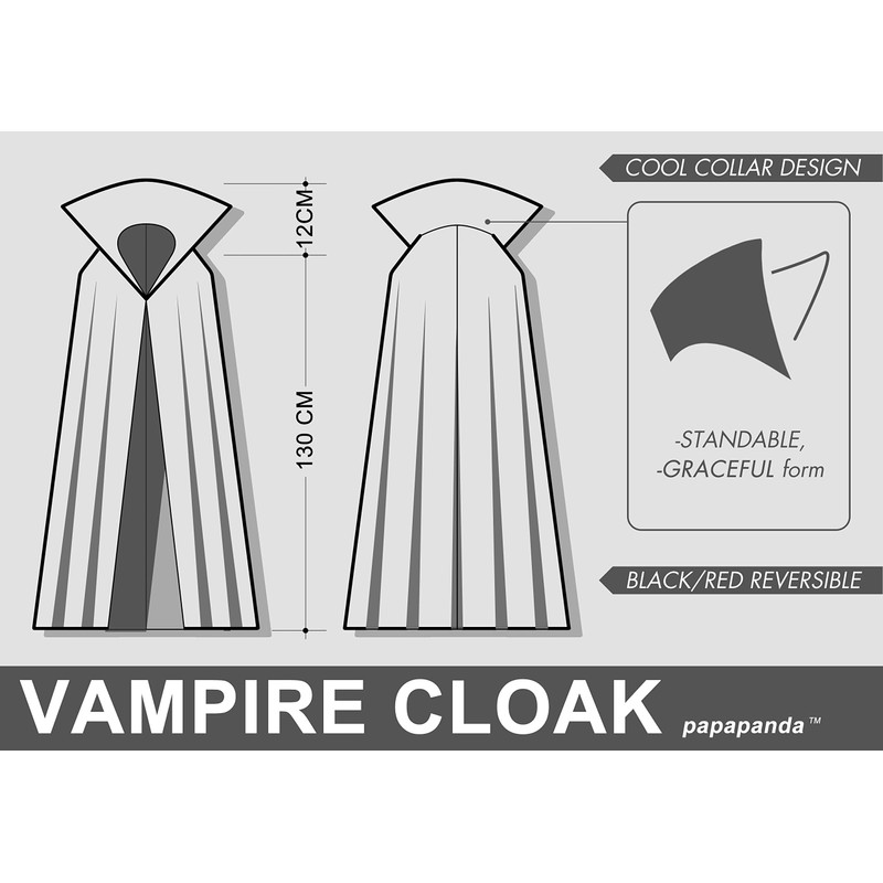 papapanda Vampire Cloak Stand Collar Cape Black Red 130cm for