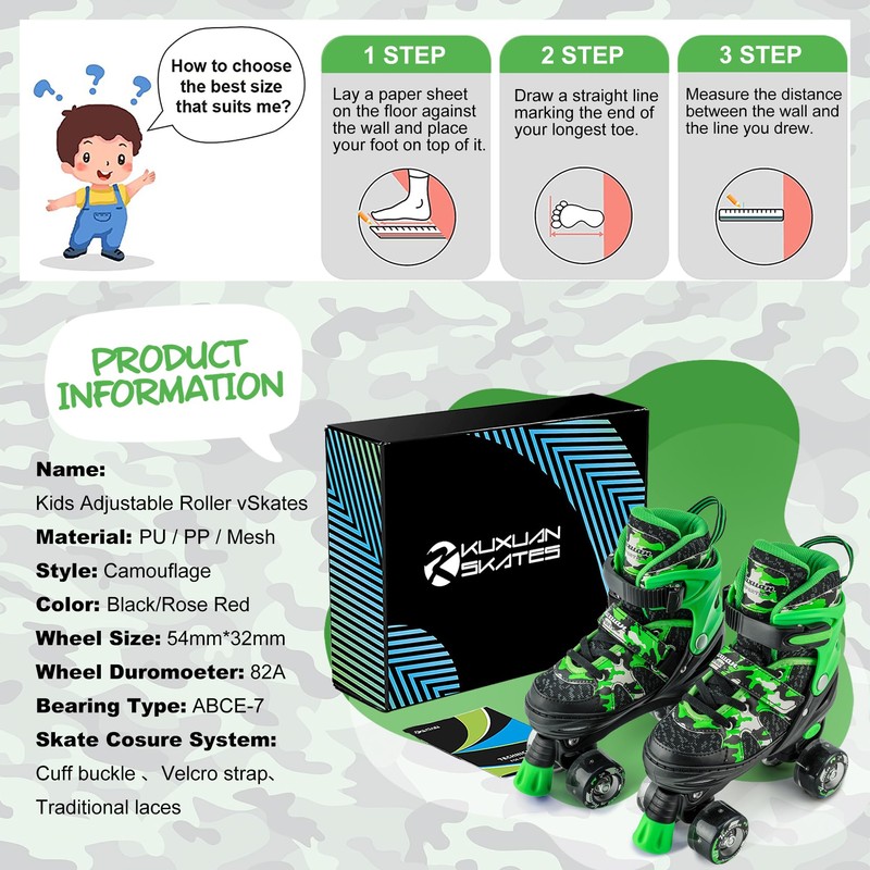 Kuxuan Skates Boys and Girls Camo Adjustable Roller Skates with