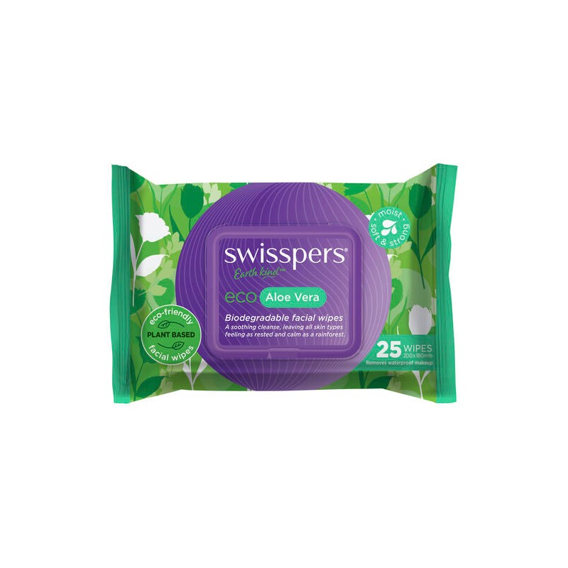 Swisspers Eco Aloe Vera Biodegradable Facial Wipes 25 Pack