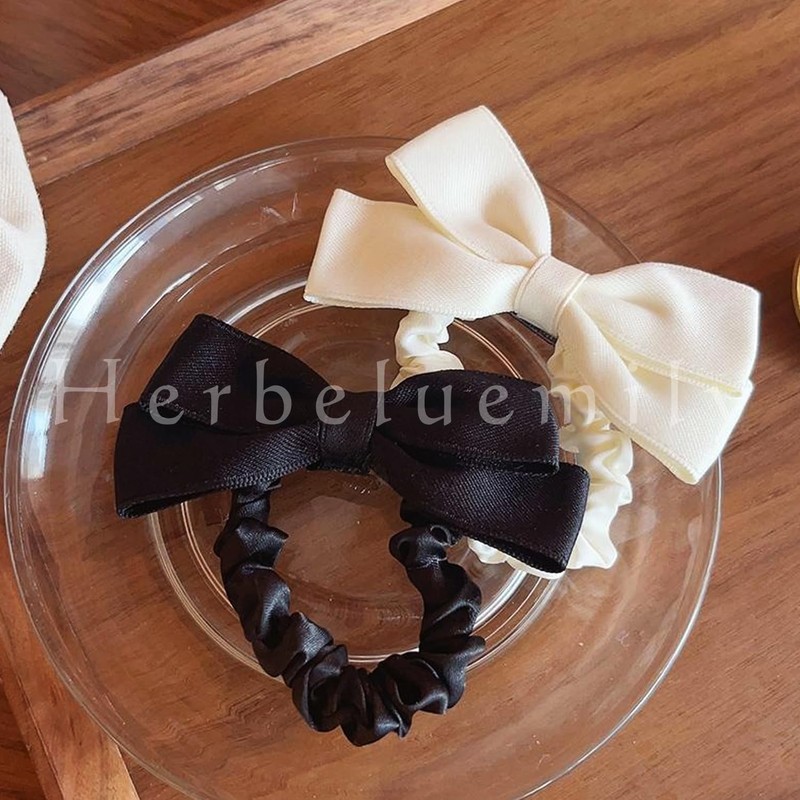 Herbeluemily HM-0133-R02-BKOWH Ribbon Scrunchie, Hair Accessory, Black, Off-White, Set of