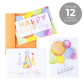 Masterpiece Colorful Pop Out Happy Birthday Cards / 12 Boxed Birthday Cards With Orange Envelopes / 4 5/8" x 6 1/4" Folded Greeting Cards With Inside Verses / 3 Pop Out Dimensional Designs