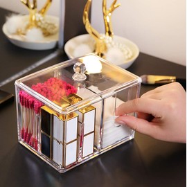 Watpot Qtip Cotton Pad Holder Dispenser Cotton Ball and Swab Storage with Lid Clear Acrylic Cotton Round Organizer, 4 Sections