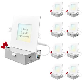 LUXRITE 4 Inch Ultra Thin Square LED Recessed Light with J-Box, 12W, 5 Color Selectable 2700K-5000K, 950 Lumens, Dimmable LED Wafer Lights, High Output, Wet Rated, IC Rated, Energy Star (8 Pack)