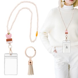 SHANFAA Wood Beaded Lanyards with ID Holder,Boho Teacher Lanyard for Keys & Keychain,Fashion Wood Beaded Lanyard for Women