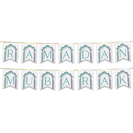 Ramadan Mubarak Bunting Decorations (Teal Traditional Gold Design) - Ramadhan Kareem Banner Flags Hanging Decor for Home Domes Lanterns Moon Star