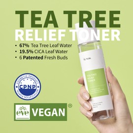IUNIK Tea Tree Relief Vegan Face Toner - Facial Moisturizer Acne-Prone Irritated Skin w Tea Tree 67% Centella Asiatica 19.5% 6.7 Fl OZ Sensitive Skin Breakout Rosacea Blemish Plant-Based Ingredients