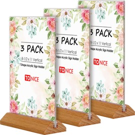 TONICE® 3 Pack 8.5X11 Acrylic Sign Holder T Shape Clear Acrylic Double Sided Frames with Wood Base Table Menu Display Stand Flyer Display (Optional 8.5x11/5x7 Inch L/T Shape)