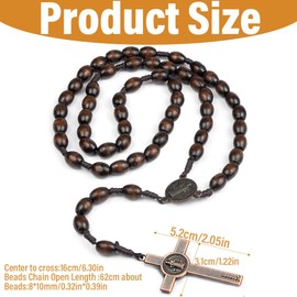 WeddHuis Rosary Necklace Natural Wood Prayer Chain Catholic Cross Jesus Christ Saint Benedict Medal for Catholic Christians Religious Communion Baptism Mass Bible