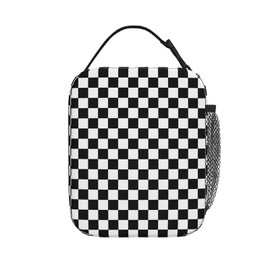 Groamaup Insulated Lunch Bag Black White Racing and Checkered Pattern Reusable Cooler Tote Lunch Bags for Office Travel