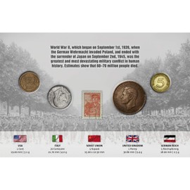 World War II Commemorative Blister Card with 5 Genuine Historic Coins and Artifacts