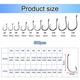 RTRTGS 500 Piece Fishing Hook Set with Plastic Box, Offset Hooks, Dropshot Hooks, Carbon Steel, Fishing Accessories Set, Carp Hooks, Eyeless Hooks/Eye Hooks, Gamakatsu Hooks