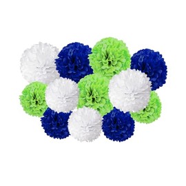 Blue Green and White Tissue Paper Pompoms, Blue Green and White Paper Flower for Wedding, Birthday, Party, Coloured Theme Party (Pack of 12)