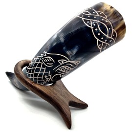 Stark wolf engraved horn mug Game of thrones 12 inch vikings horn Medieval Drinking Horn with wooden stand 16oz