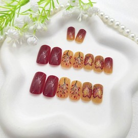 Press on Nails Square Medium Fake Nails Gradient French Tip Acrylic Nails Glossy Glue on Nails Burgundy and Yellow False Nails with Maple Leaves Branches Designs Fall Stick on Nails for Women 24 Pcs