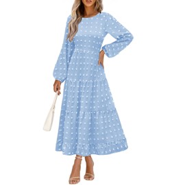 PRETTYGARDEN Women's Fall Spring Elegant Long Sleeve Maxi Dress Swiss Dot A Line Flowy Casual Holiday Party Going Out Dresses (Light Blue,XX-Large)