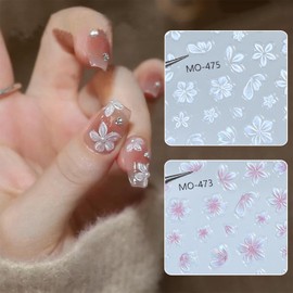 3 Sheets Flowers Nail Art Stickers Decals 5D Embossed Self-Adhesive Nail Decals White Pink Brown Floral Designs Spring Summer Supplies for Acrylic Nails DIY Women Manicure Decoration Accessories