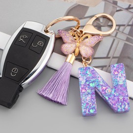 Suweibuke Colourful Cute Initial Letter Keychains for Women Girls with Tassel Butterfly, Charm for Purse Handbags Backpacks, Purple Dream Star Sky--n, Average Size