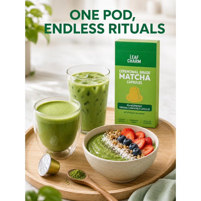 LeafCharm Matcha Capsules for Iced Latte, Original Line, 10 Count
