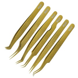 HNB BEAUTY INSTRUMENTS Professional Gold Eyelash Extension Tweezers set of 6 in a Magnetic Case