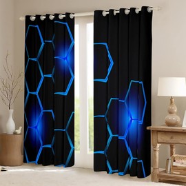 Kids Honeycomb Curtains Modern Hexagon Darkening Dreapes Children Decor Geometrical 30%-50% Blackout Curtains Beehive Geometric Black Blue Window Treatments (2 Panels, 42 x 63 Inch)
