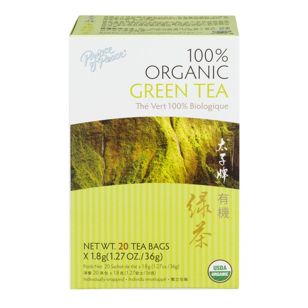 Prince of Peace Organic Green Tea, 20 Tea Bags – 100% Organic Green Tea – Unsweetened Green Tea – Lower Caffeine Alternative to Coffee – Herbal Health Benefits