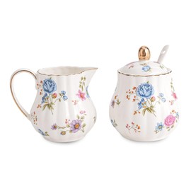 Ceramic Sugar and Creamer Set, 3 Piece Set with Cream Pitcher, Sugar Bowl, Spoon (Multicolor Floral)