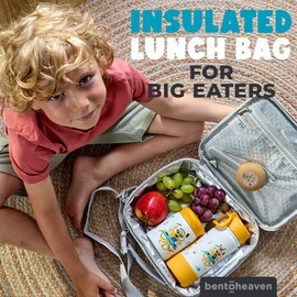 Bentoheaven Insulated Lunch Bag for Kids, Girls & Boys - Large Size Fits Bento Lunch Box, Water Bottle & Snacks - Durable, Easy to Clean, Leakproof - Adjustable Shoulder Strap, Zipper Pockets (Gray)
