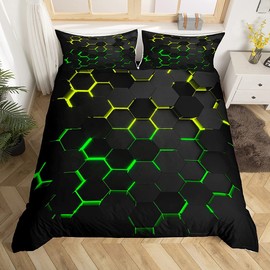 Honeycomb Bedding Duvet Cover Queen Size,Geometry Hexagon Theme with Green Yellow Neon Lights Comforter Cover,Boys Teen Man Chic Creative Home Bedding Quilt Cover 3Pcs with 2 Pillowcases,Black