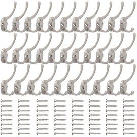 IBosins 32 Pack Silver Coat Hooks Wall Mounted with 64 Screws Retro Double Hooks Utility Silver Hooks for Coat, Scarf, Bag, Towel, Key, Cap, Cup, Hat