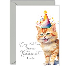 Retirement Card for Uncle - Party Cat Kitten - Leaving Cards for Uncle from Nephew Niece, Congratulations on your Retirement, A5 Happy Retirement Card Greeting Cards