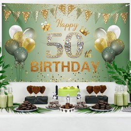 50th Birthday Decorations for Women Men, 50th Birthday Banner, 50th Birthday Backdrop Party Decorations, Sage Green Gold Happy 50th Birthday Banner Background for Birthday Anniversary Party Supplies