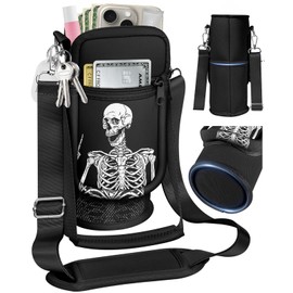 Toykee Water Bottle Bag Holder Carrier With Strap -Black Skull Crossbody With Phone Pocket Neoprene Shoulder