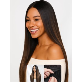 Nadula Balayage Brown Yaki Straight V Part Wig Human Hair No Leave Out EasiContour Vpart Wigs,Glueless Ombre Brown Highlight Clip in V-part Yaki Wig,Upgrade Light Kinky Straight U Part Wig 22inch