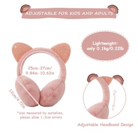 Earmuffs for Girls Cat Ear Muff Winter Faux Fur Ear Warmers Adjustable Ear Cover with Cute Sequins Ears for Women Kids(Pink)