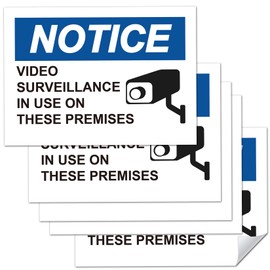 5 Pack Video Surveillance Warning Sign Sticker,7"x5" “Notice - Video Surveillance in Use On These Premises” Sticker Labels, Self-Adhesive Premium Vinyl.