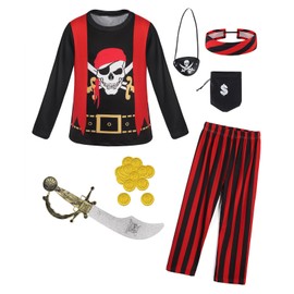 Pirate Costume Kids Buccaneer Dress Up with Accessories Set for Boys Girls Role Play Birthday Party Outfits 4-5 Years Red