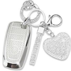 Simocky Key Fob Cover with Diamond Keychain, Car Key Shell Compatible with Ford Explorer Fusion Edge Expedition F150 F250 F350 F450 F550 Maverick Mustang for Women (5 Buttons-Silver Heart)