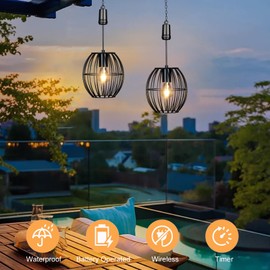Shumi Outdoor Hanging Light Battery Operated, Waterproof Pendant Light with 4 AA Batteries, 6 Hours Timer Hanging Lantern Auto On and Off Chandelier for Gazebo Patio Pergola Porch Indoor Outdoor Decor
